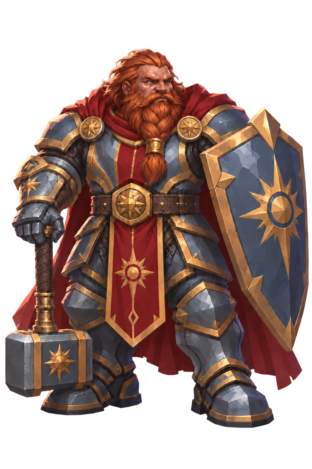 Full concept art of Fergus, a red-bearded champion with a mace, shield, and steel-and-gold armor
